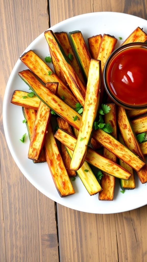 Crispy baked zucchini fries served with marinara sauce on a rustic wooden table.